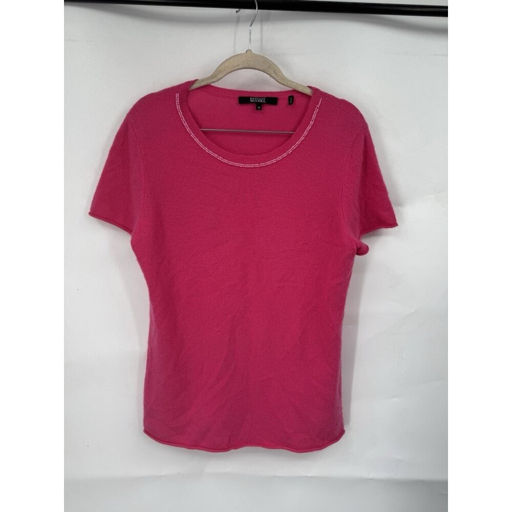 Badgley Mischka 100% Cashmere Top Women Medium Pink Barbie Preppy Beaded‎ Neck